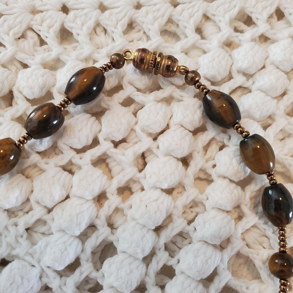 Tiger's Eye Beaded Necklace Womens Long Brown Gemstone Gold‎ Tone Barrel Clasp - Picture 2 of 6